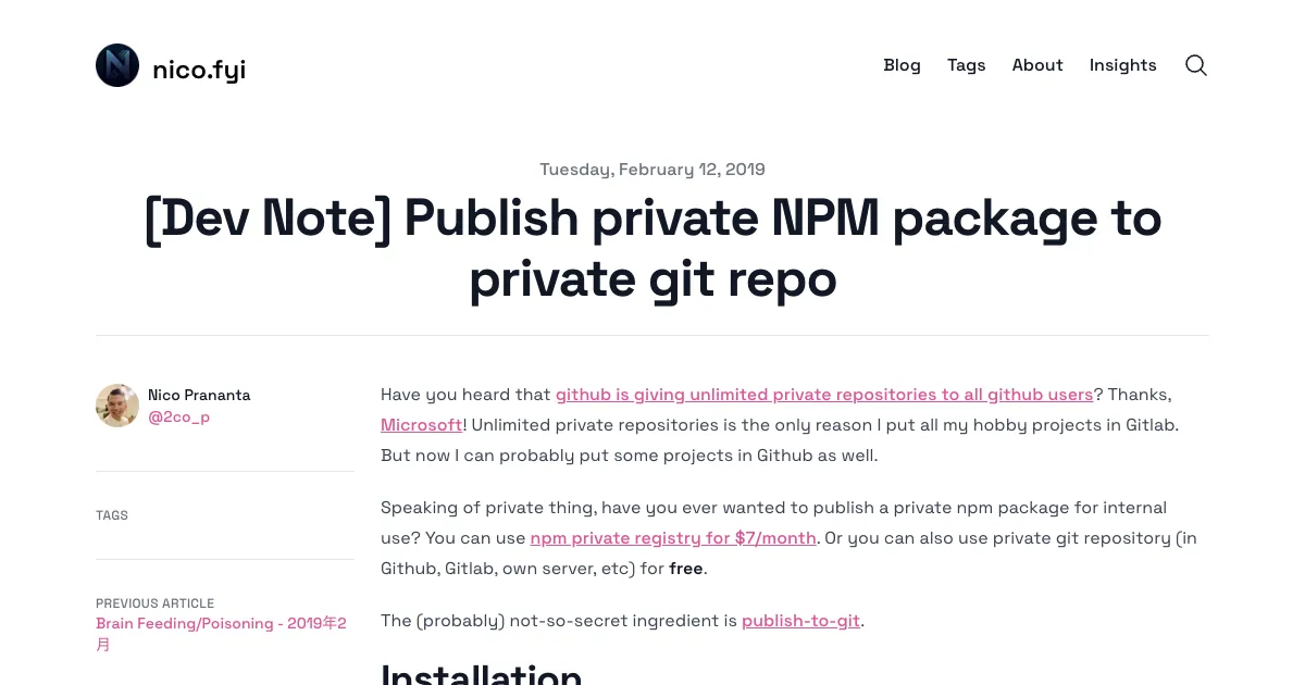 [Dev Note] Publish private NPM package to private git repo | Nico's Blog