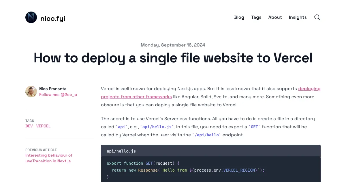 How to deploy a single file website to Vercel | Nico's Blog